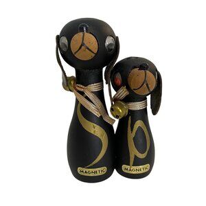 Vintage 1960s Black Wooden Dog Salt & Pepper Shakers – Side‑Magnetic – MCM